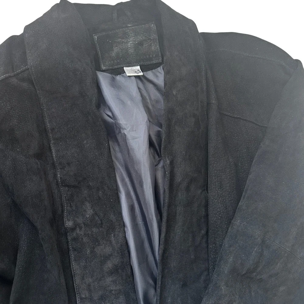 Jacqueline‎ Ferrar Vtg Duster Coat Women 2X Black Heavy Suede Leather Open Front